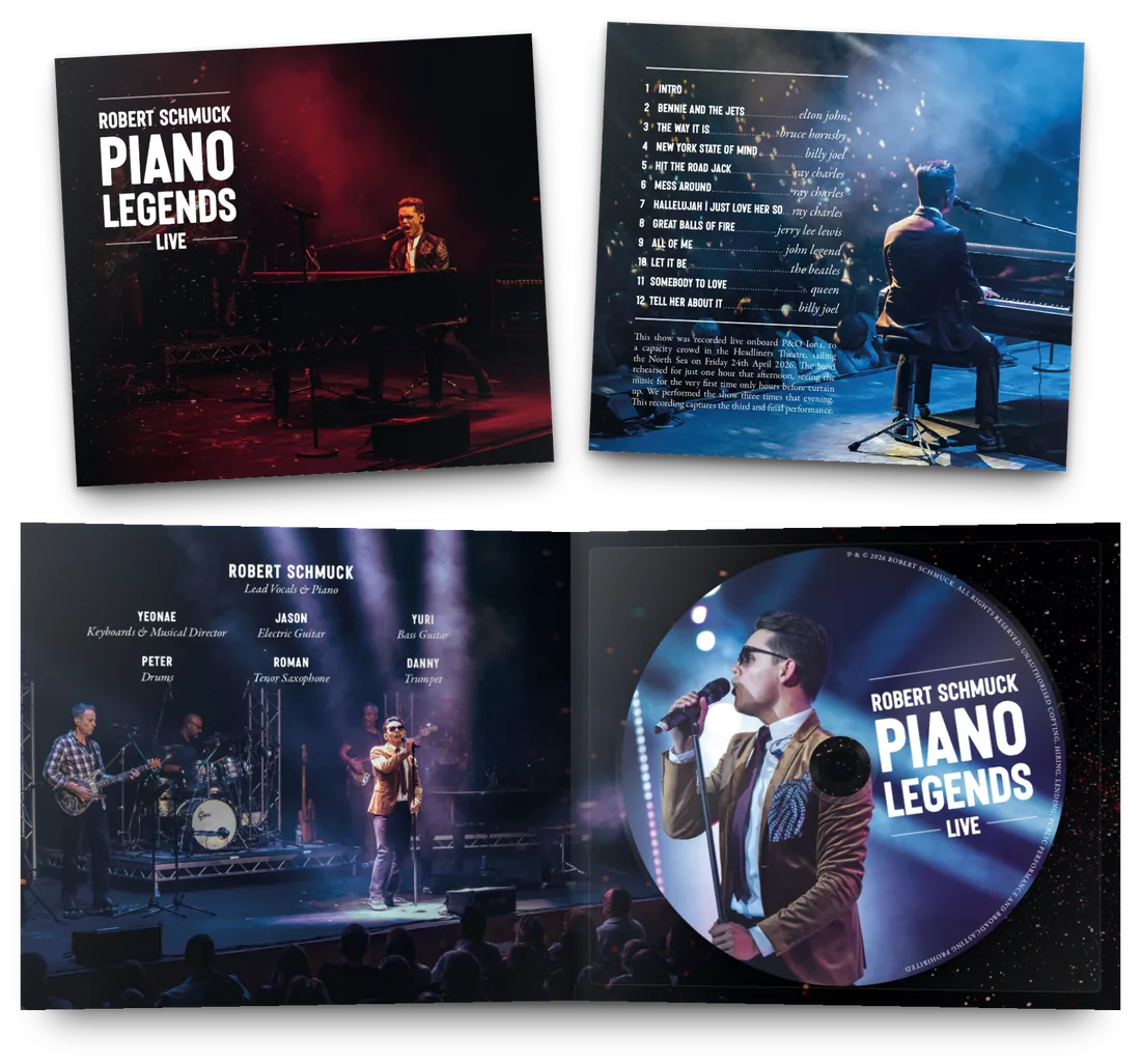 The Piano Legends Live CD: front and back covers, and the open four panel digipak with the disc